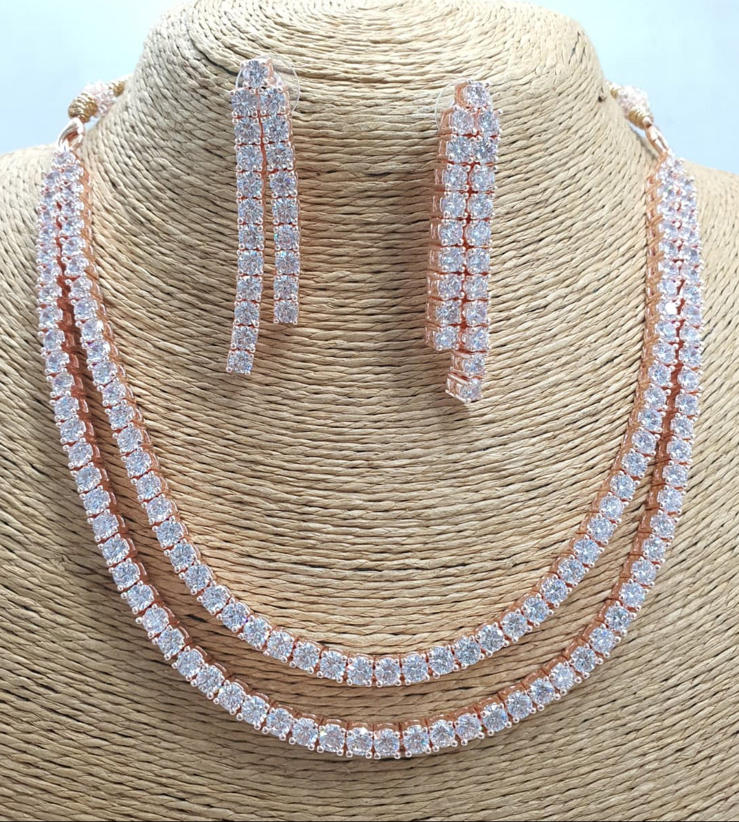 Premium Quality Two Layered CZ Stone Necklace Set With Cute Earrings