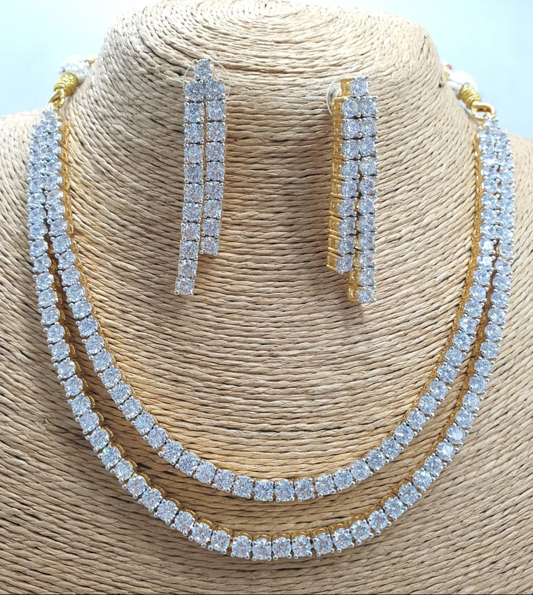 Premium Quality Two Layered CZ Stone Necklace Set With Cute Earrings