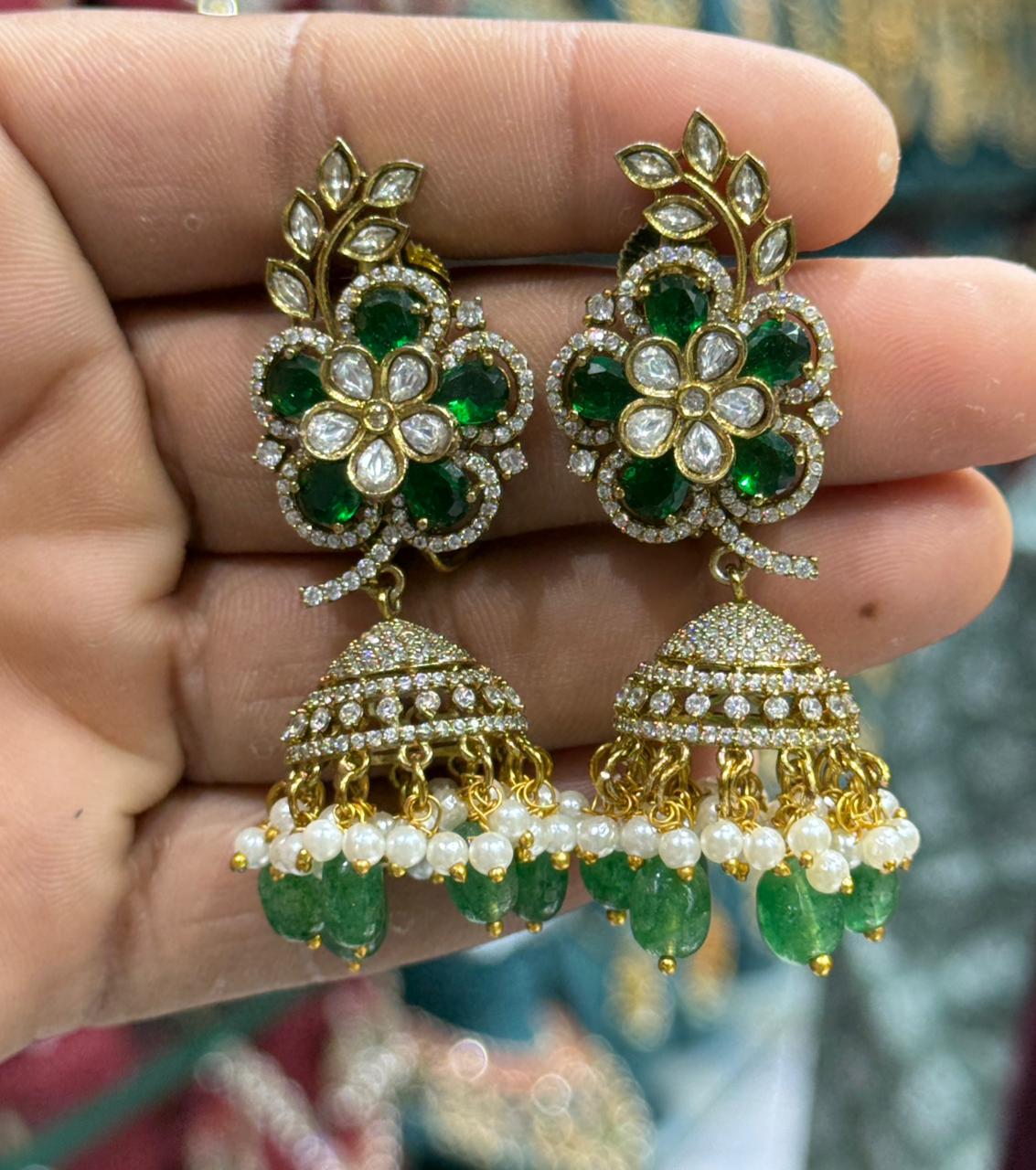 Premium Quality Victorian Finish Jhumka Earrings - Flower Motif