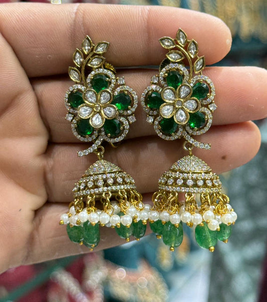 Premium Quality Victorian Finish Jhumka Earrings - Flower Motif