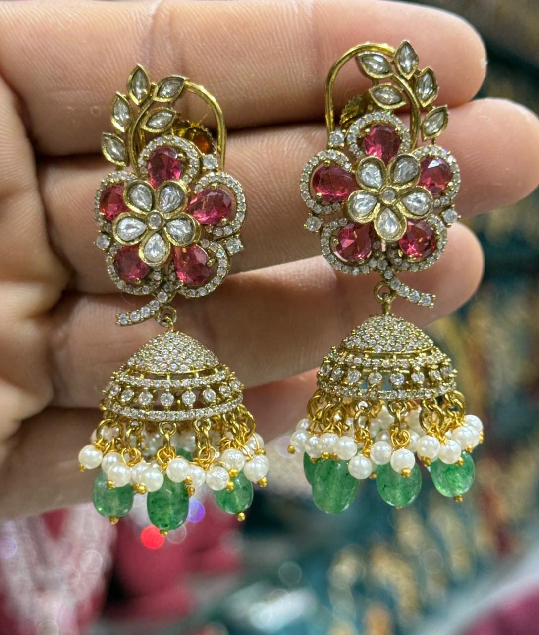 Premium Quality Victorian Finish Jhumka Earrings - Flower Motif