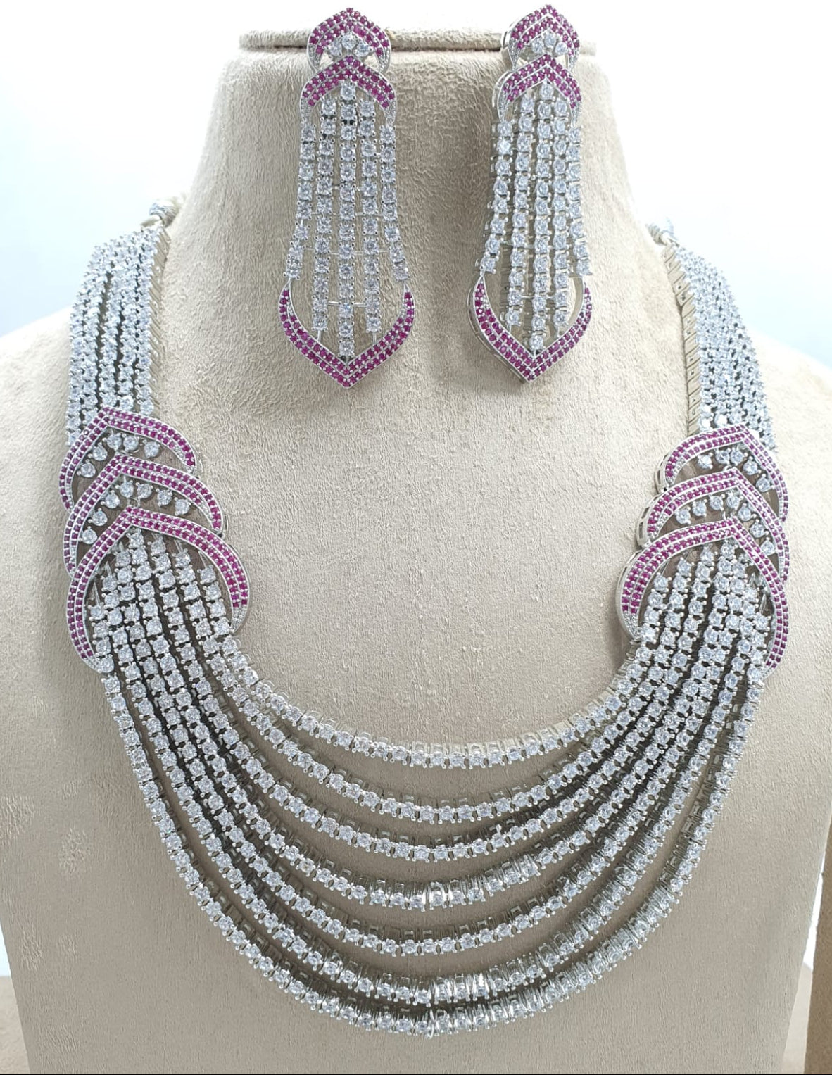 Premium Silver Finish AD Stone Layered Necklace Set With Earrings