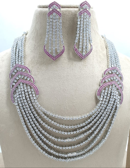 Premium Silver Finish AD Stone Layered Necklace Set With Earrings
