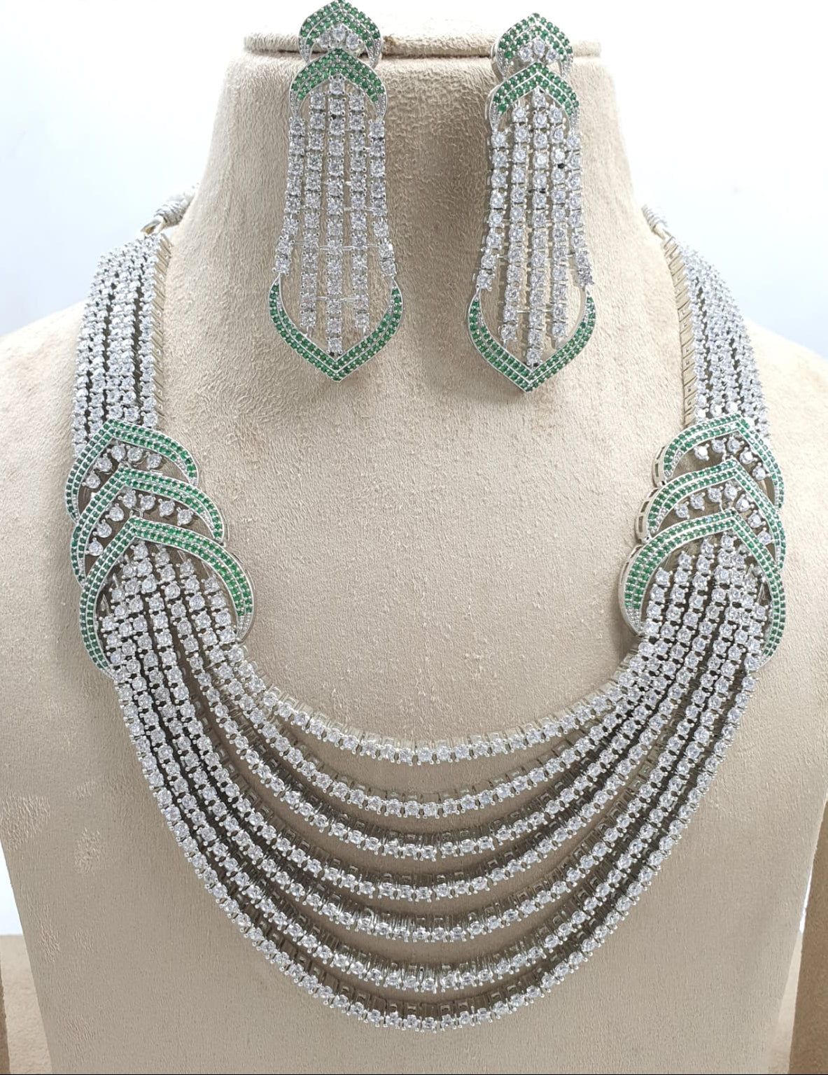 Premium Silver Finish AD Stone Layered Necklace Set With Earrings