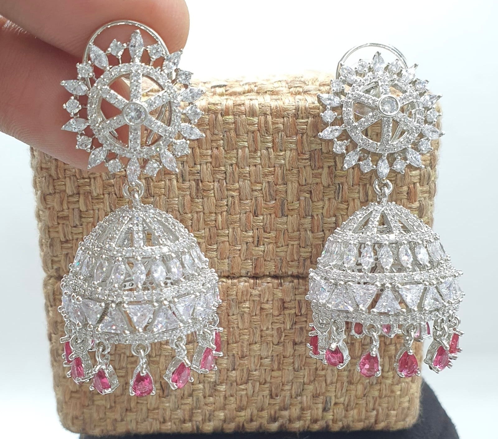 Premium Silver Polish CZ Stone Jhumkas Earrings