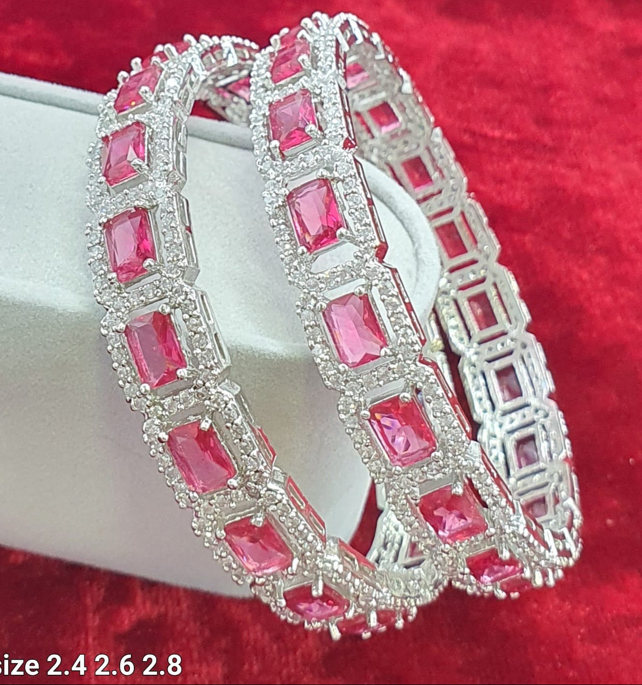 Premium Square-Cut Pink Stone Party Wear Bangles-Set Of 2-Silver Finish