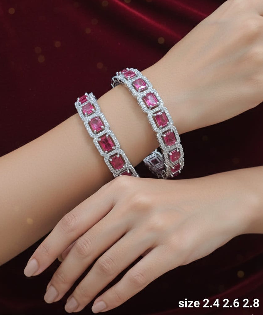 Premium Square-Cut Pink Stone Party Wear Bangles-Set Of 2-Silver Finish