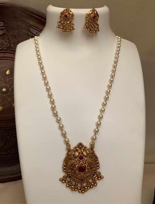 Premium Temple Jewelry Beads Haram Necklace With Earrings And Jadau Pendant