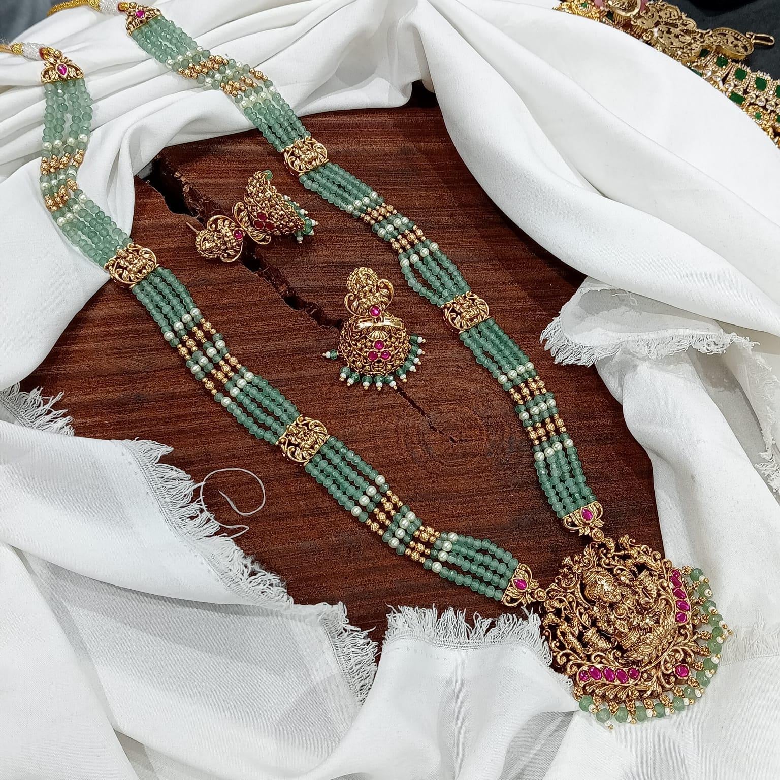 Premium Temple Jewelry Beads Haram Necklace with Jhumkas and Jadau Pendant