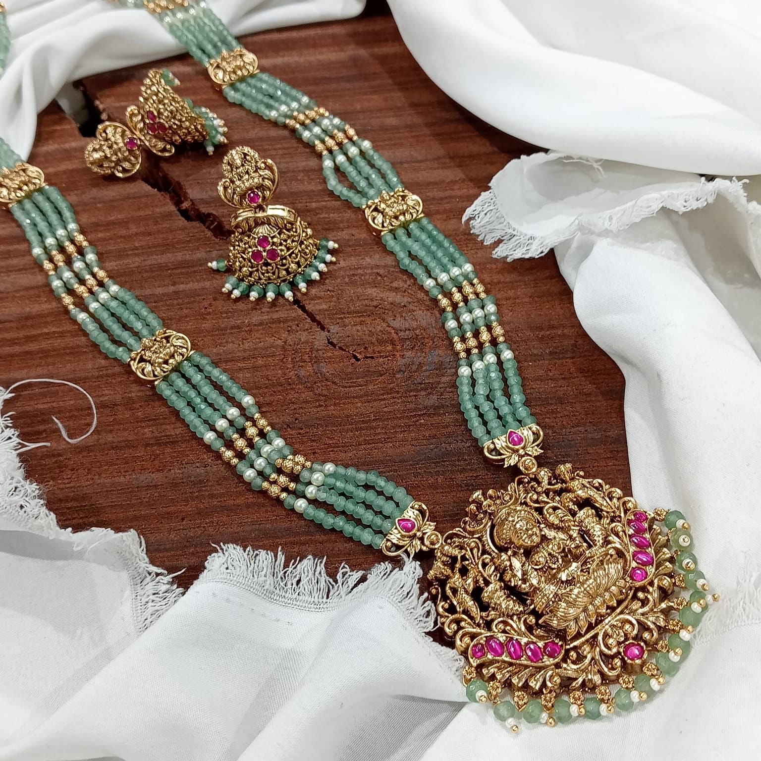 Premium Temple Jewelry Beads Haram Necklace with Jhumkas and Jadau Pendant