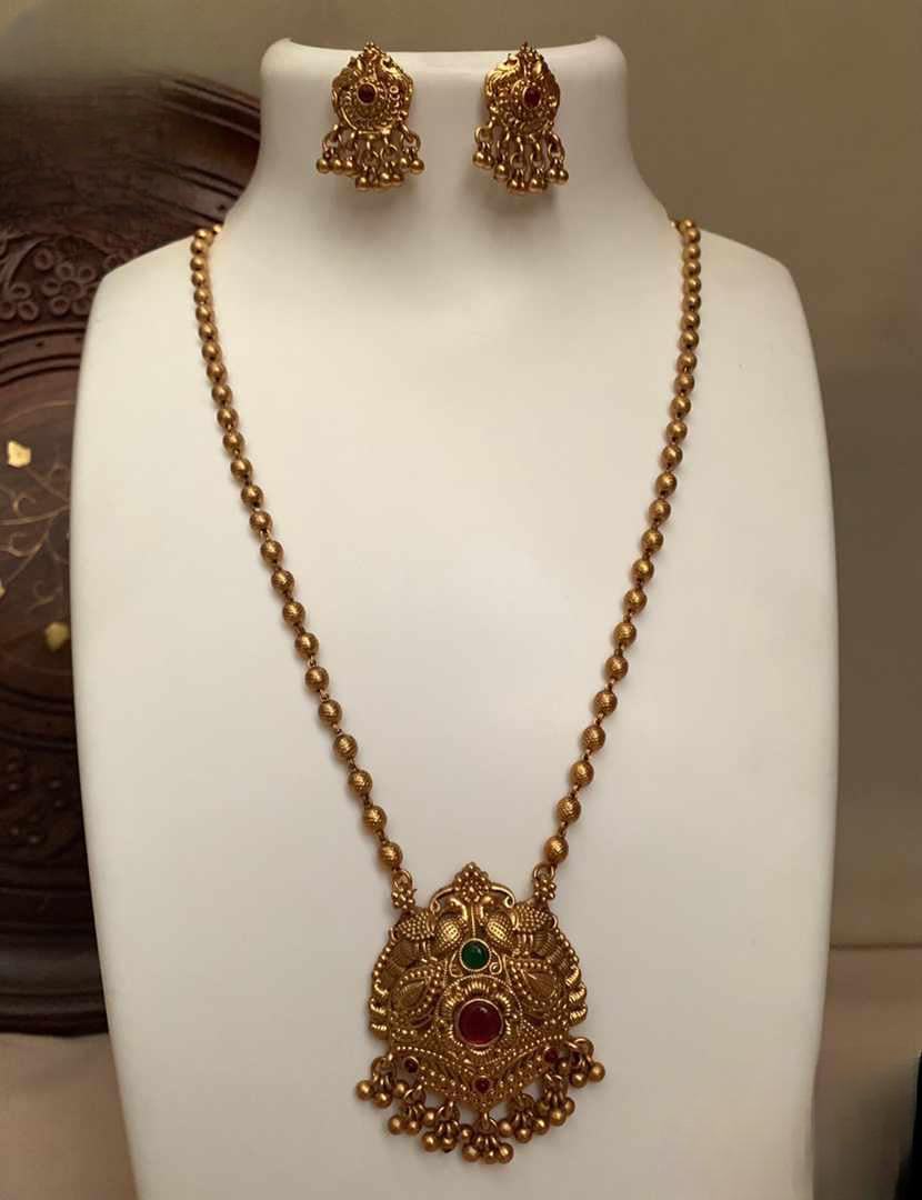 Premium Temple Jewelry  Haram Necklace With Earrings And Jadau Pendant - Peacock Motif