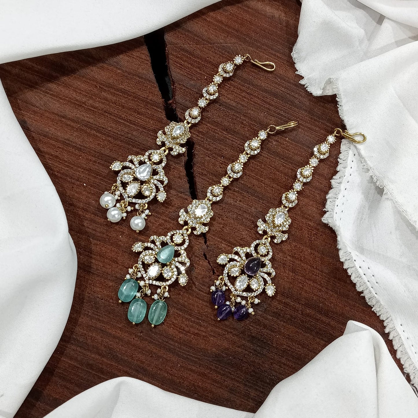 Premium Victorian Polish CZ Stone Maang Tikkas