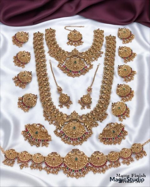 Royal Premium Matte Finish Temple Bridal Jewelry Set With  Beads - Peacock Motif