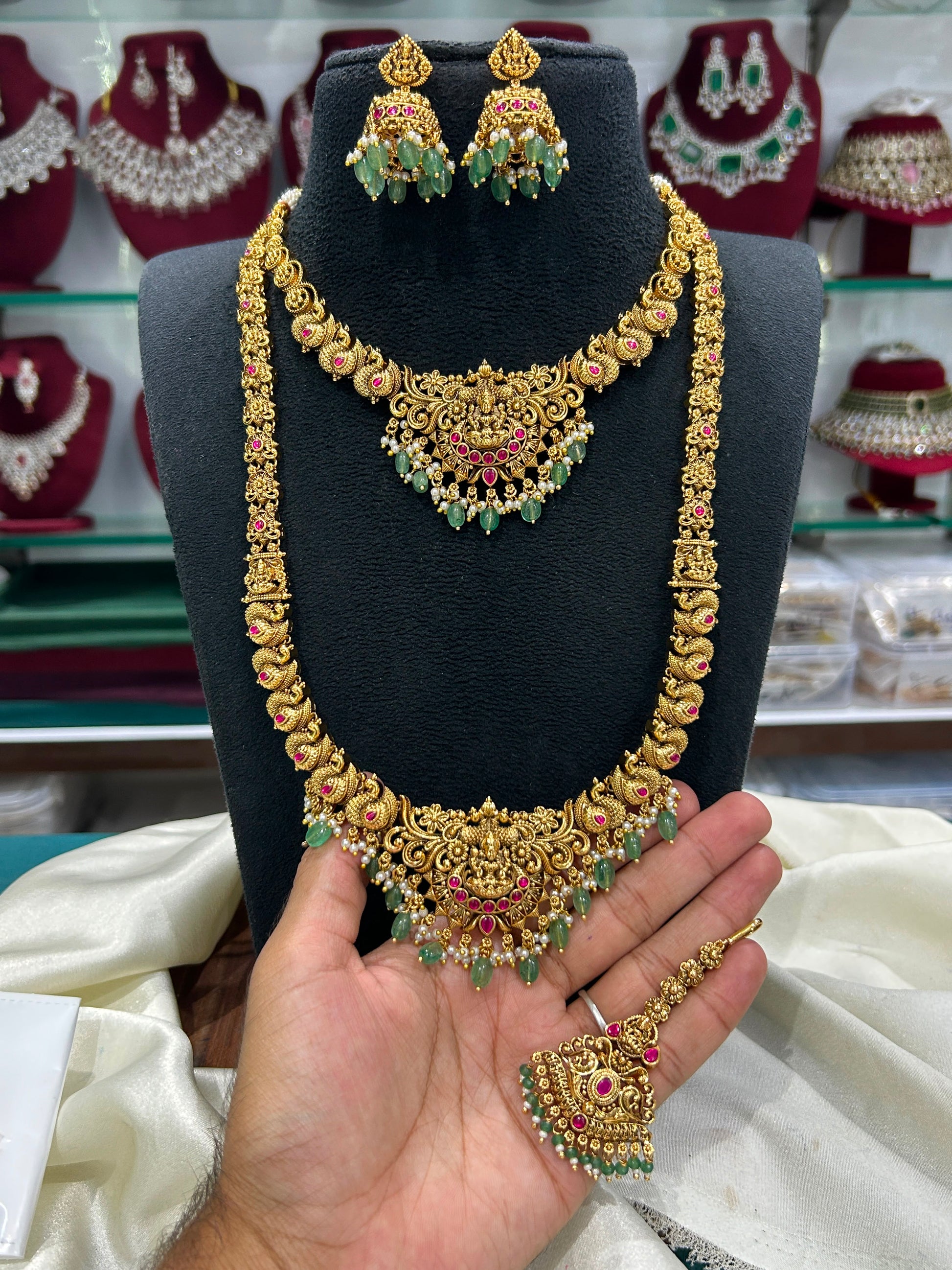 Royal South Indian Temple Jewelry Set: Long Haram, Choker ,Earrings & Maang Tikka