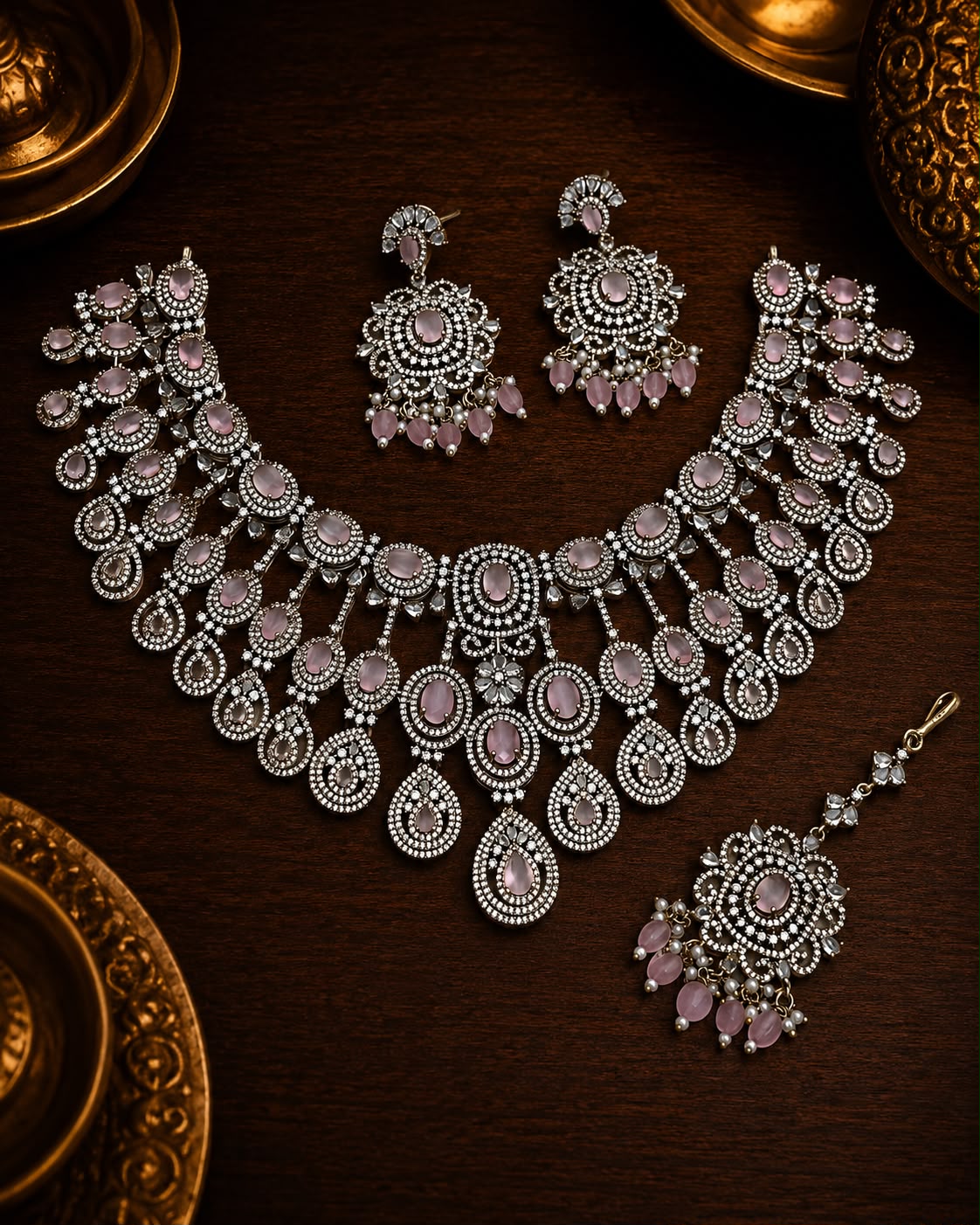 Royal Statement Necklace With Pearl Drop Earrings & Tikka - Premium Quality