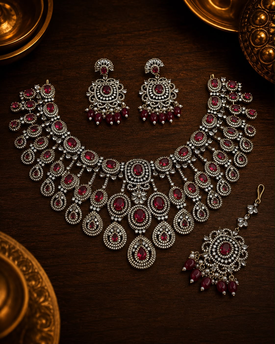Royal Statement Necklace With Pearl Drop Earrings & Tikka - Premium Quality
