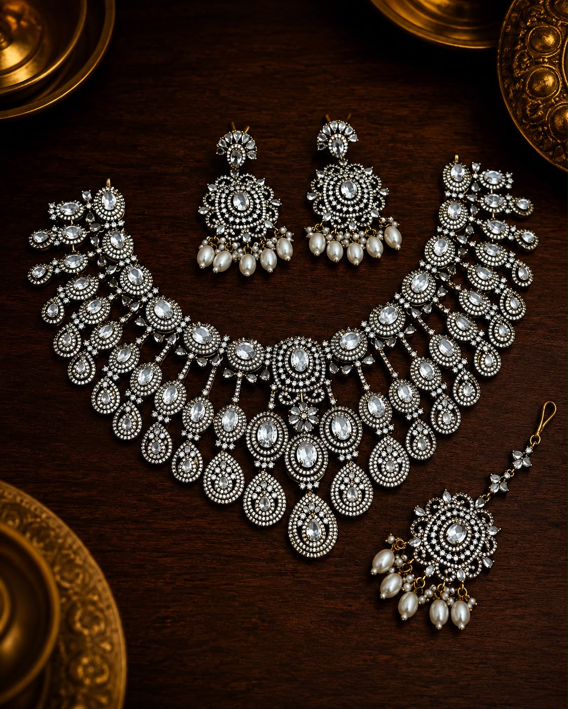 Royal Statement Necklace With Pearl Drop Earrings & Tikka - Premium Quality