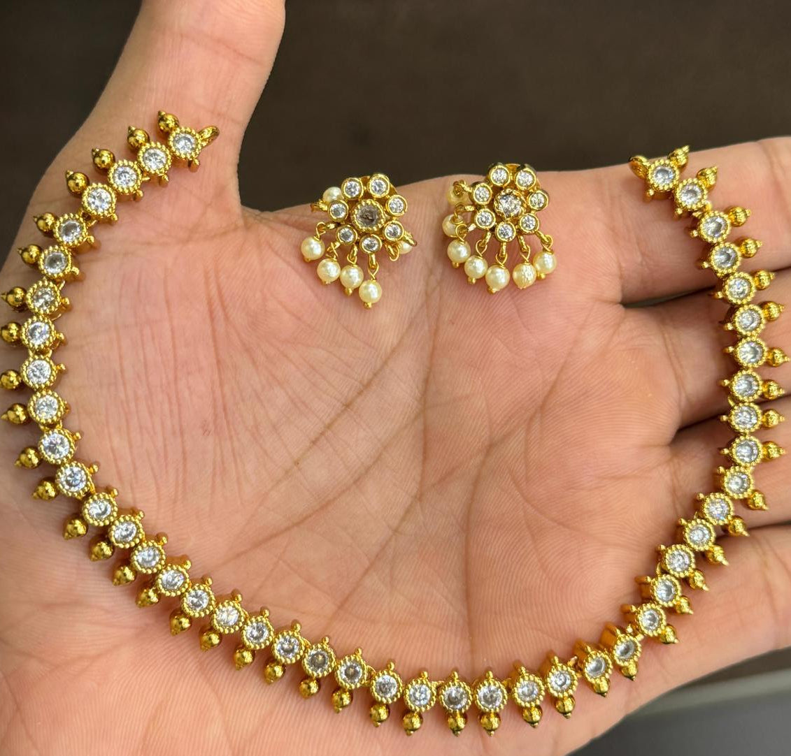 Single Line White Stone Gold-Plated Choker Set With Pearl Drop Earrings