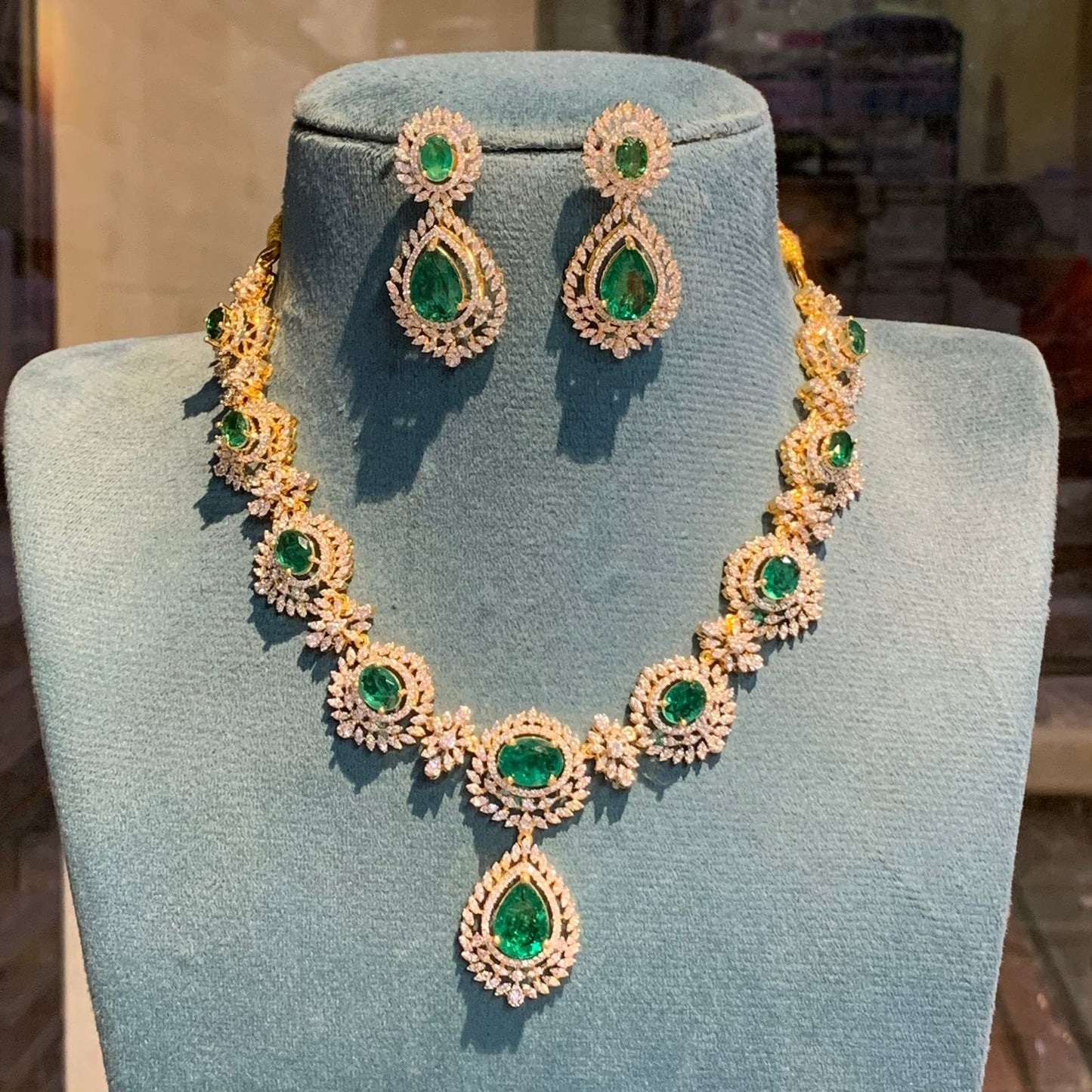 Sparkiling CZ Stone GJ Polish Necklace Set With Earrings - Premium Quality