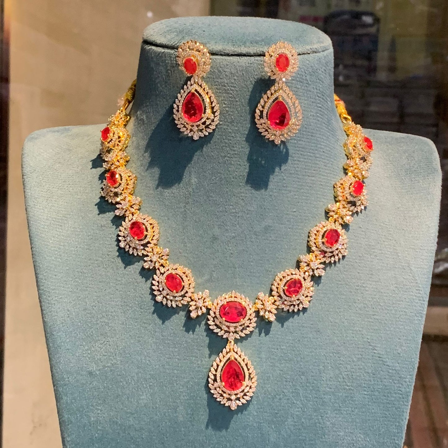 Sparkiling CZ Stone GJ Polish Necklace Set With Earrings - Premium Quality