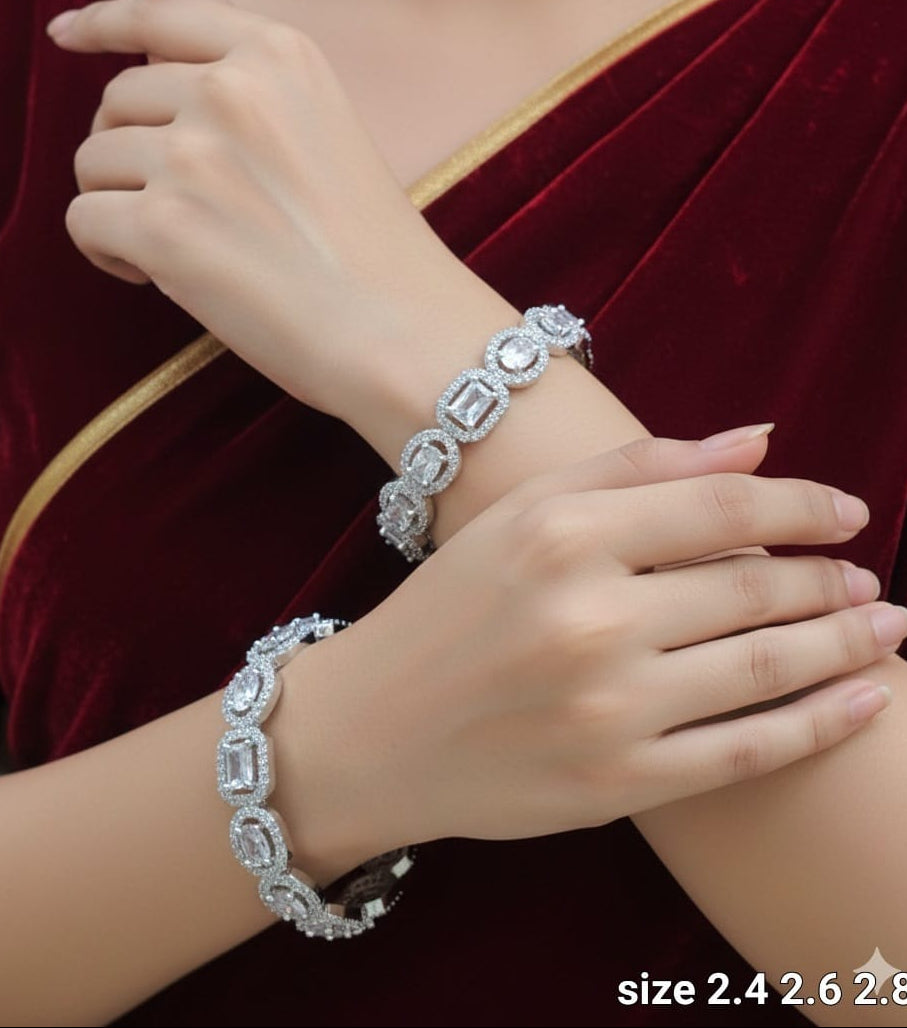 Sparkling Bridal American Diamond Stone Bangles -Set Of 2 - SIlver & Gold Finish