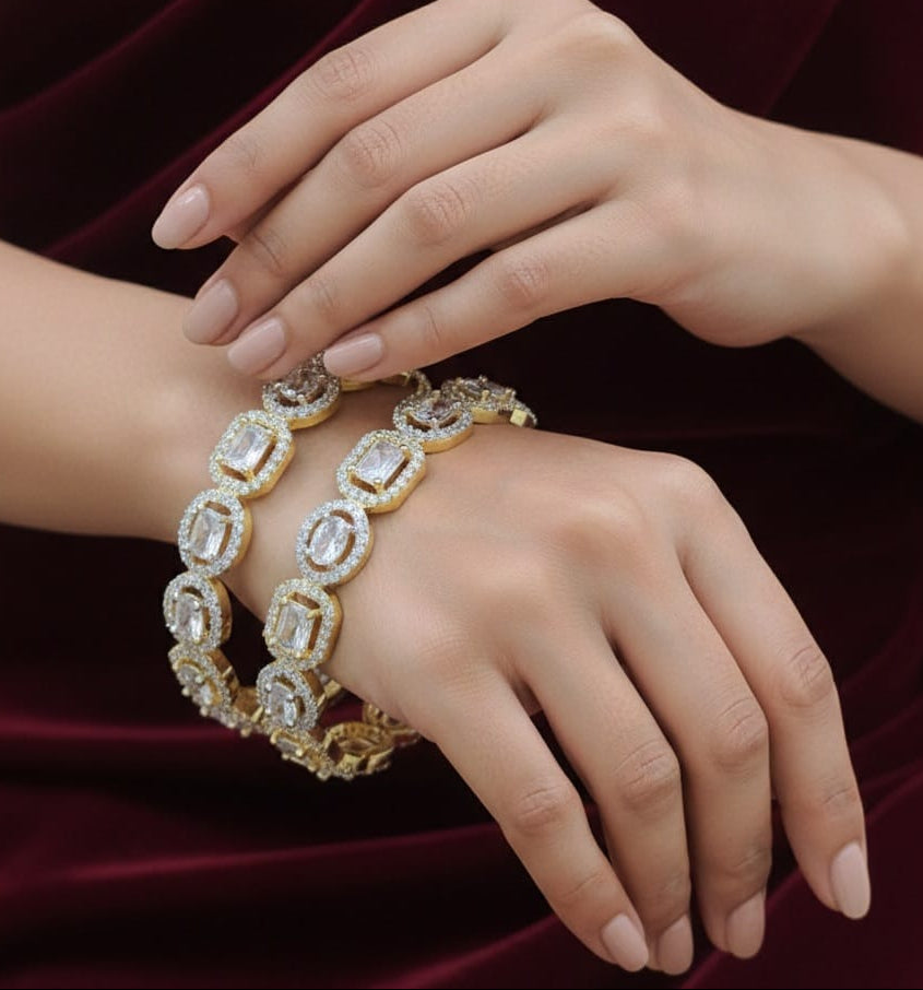 Sparkling Bridal American Diamond Stone Bangles -Set Of 2 - SIlver & Gold Finish
