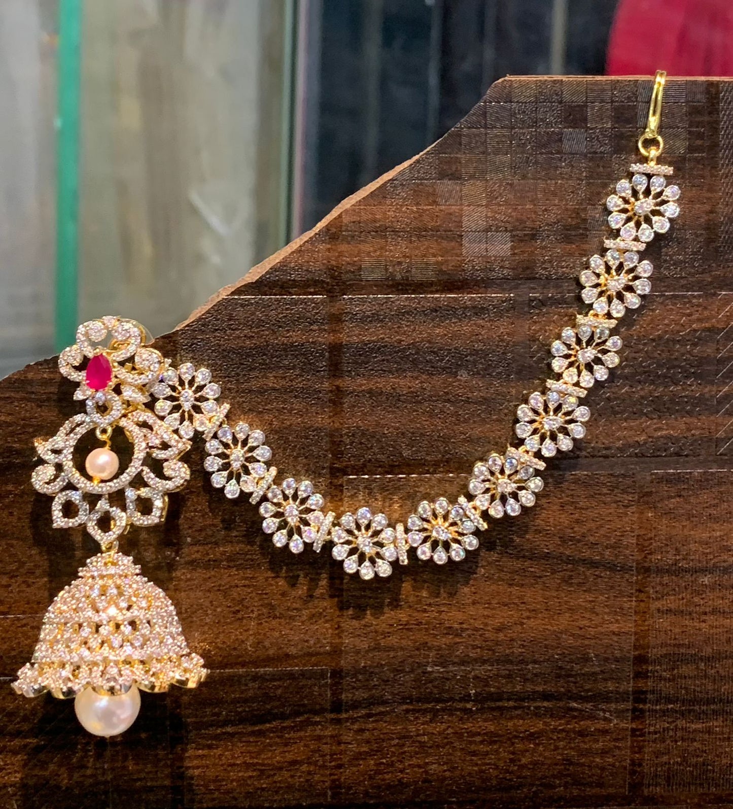 Sparkling CZ Stone Premium GJ Polish Jhumka Earrings WIth Earchains - 1 Pair 