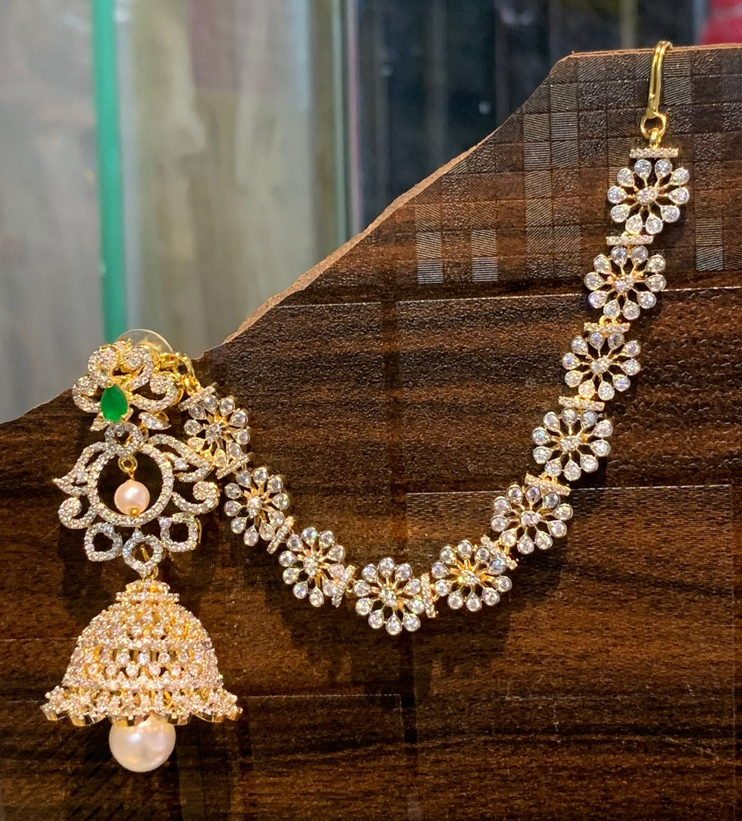 Sparkling CZ Stone Premium GJ Polish Jhumka Earrings WIth Earchains - 1 Pair 