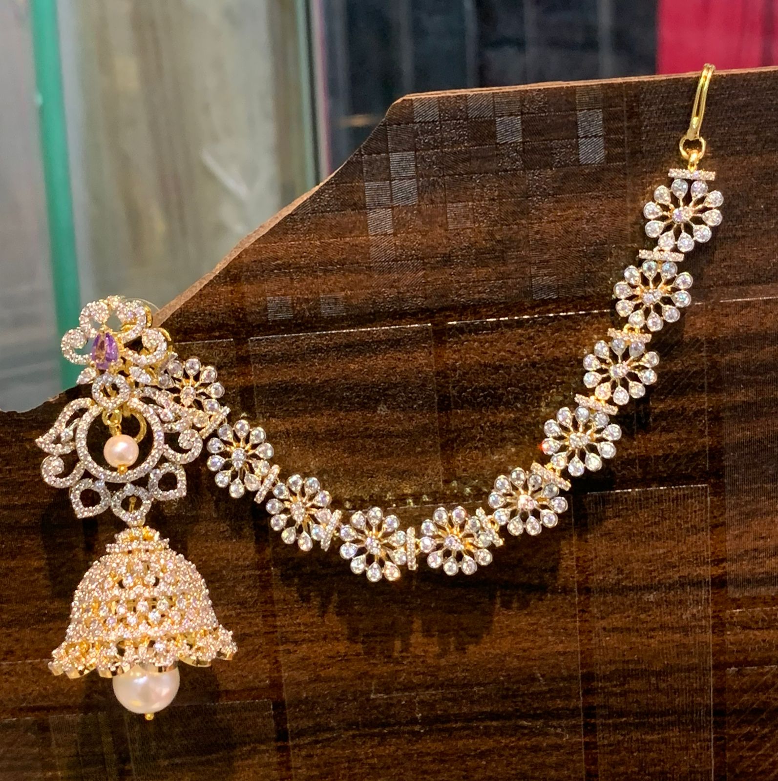 Sparkling CZ Stone Premium GJ Polish Jhumka Earrings WIth Earchains - 1 Pair 