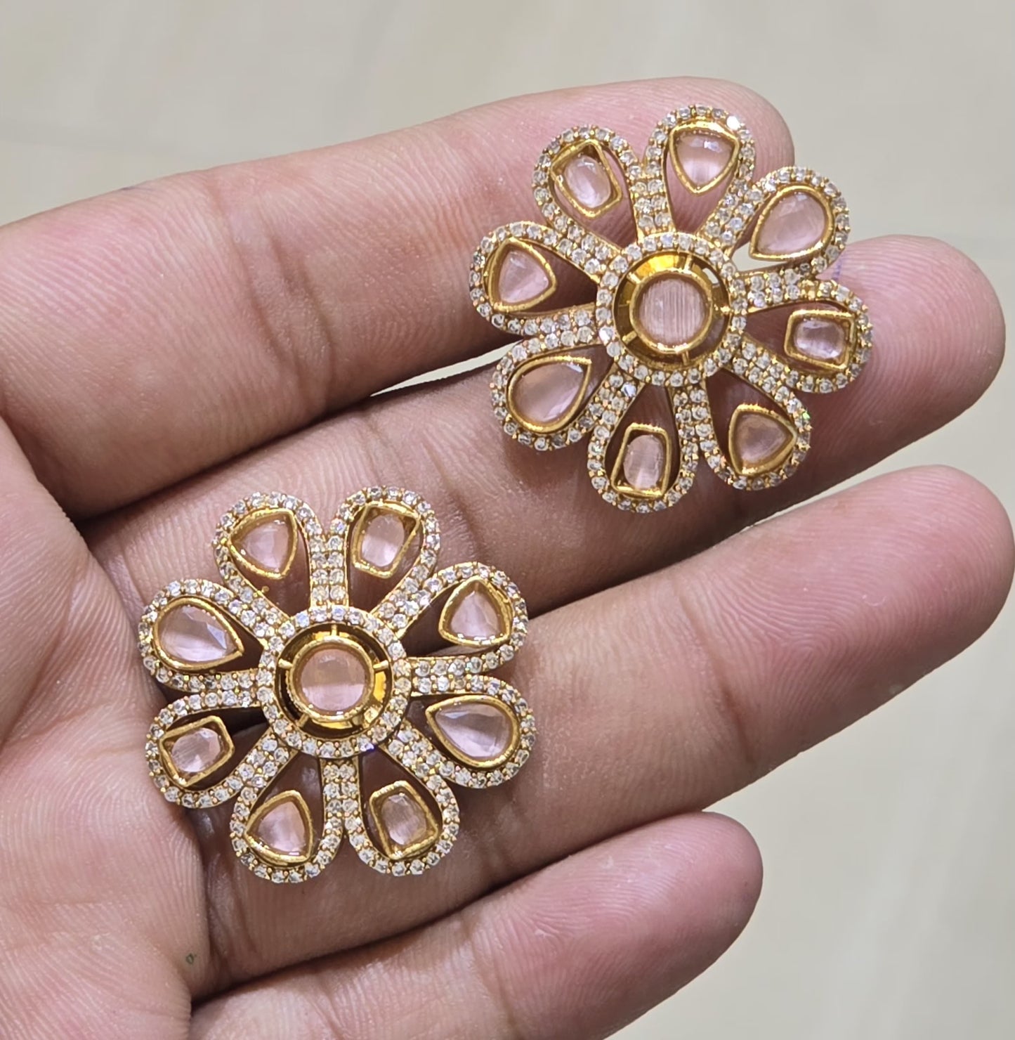 Sparkling Gold Finish CZ Stone Stud Earrings - Premium Quality