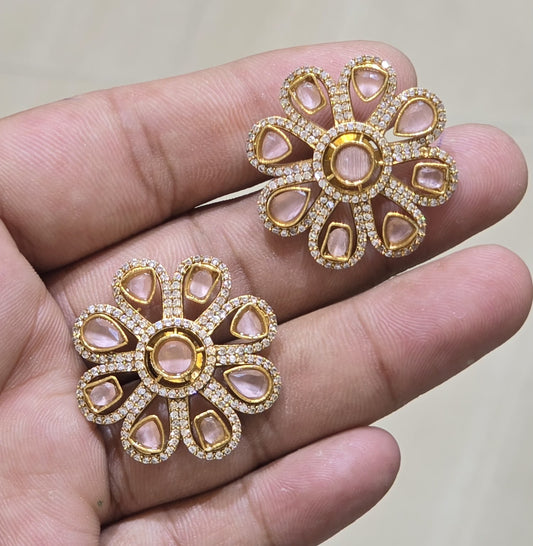 Sparkling Gold Finish CZ Stone Stud Earrings - Premium Quality