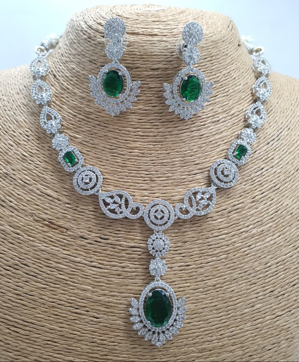 Sparkling PremiumAD Stone Silver Finish Necklace Set with Earrings