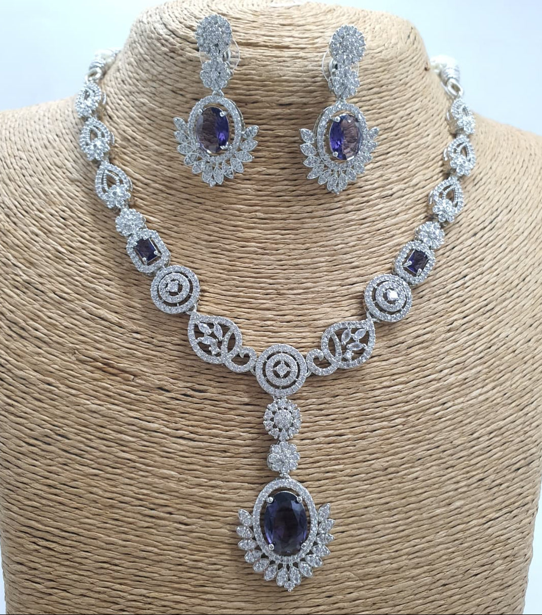Sparkling PremiumAD Stone Silver Finish Necklace Set with Earrings