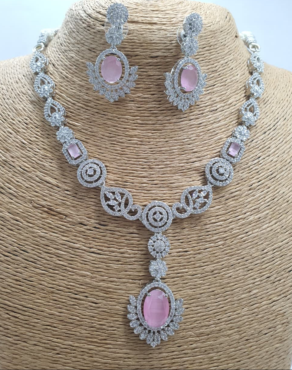 Sparkling PremiumAD Stone Silver Finish Necklace Set with Earrings