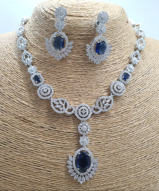 Sparkling PremiumAD Stone Silver Finish Necklace Set with Earrings