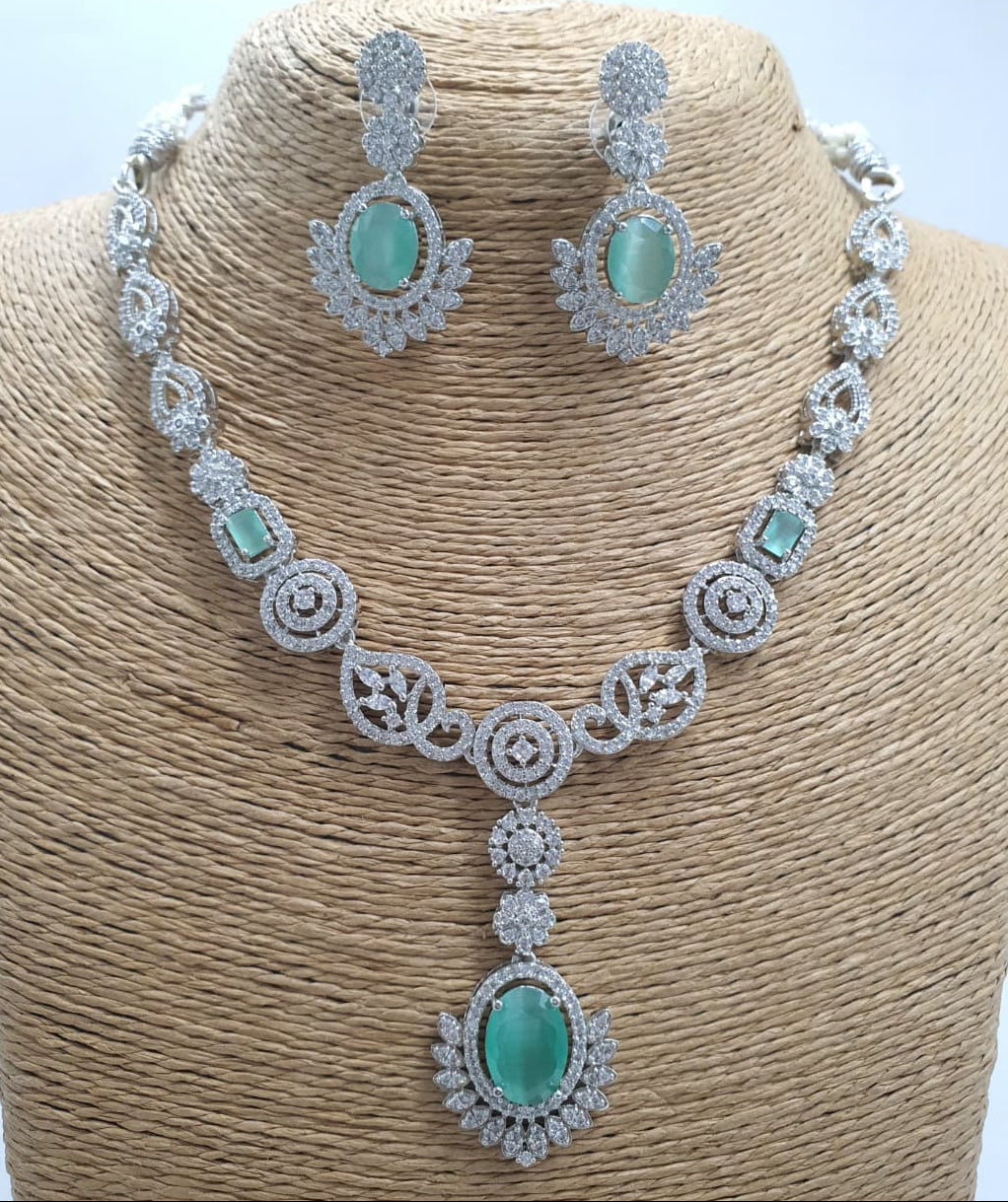 Sparkling PremiumAD Stone Silver Finish Necklace Set with Earrings