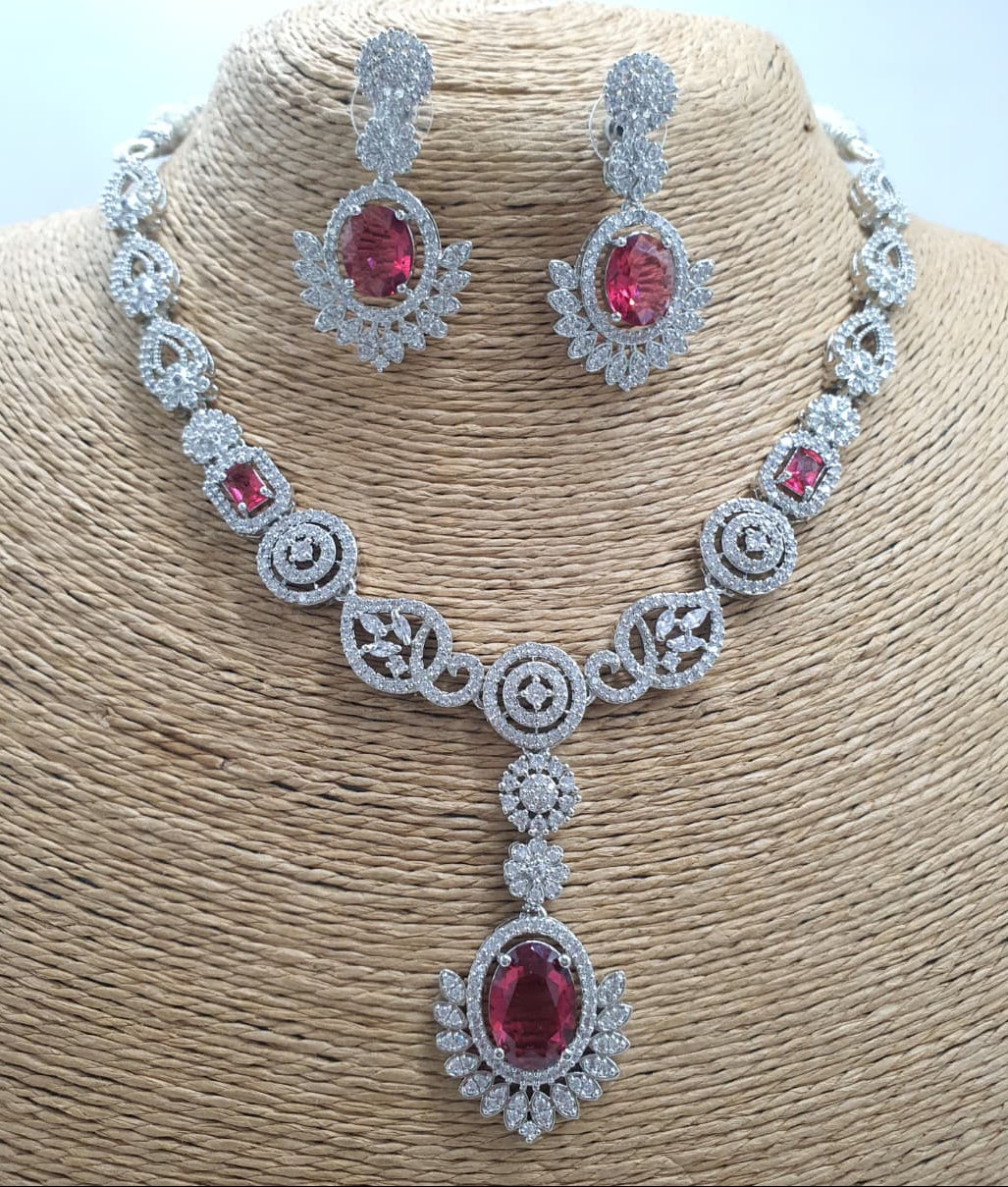 Sparkling Premium AD Stone Silver Finish Necklace Set With Earrings