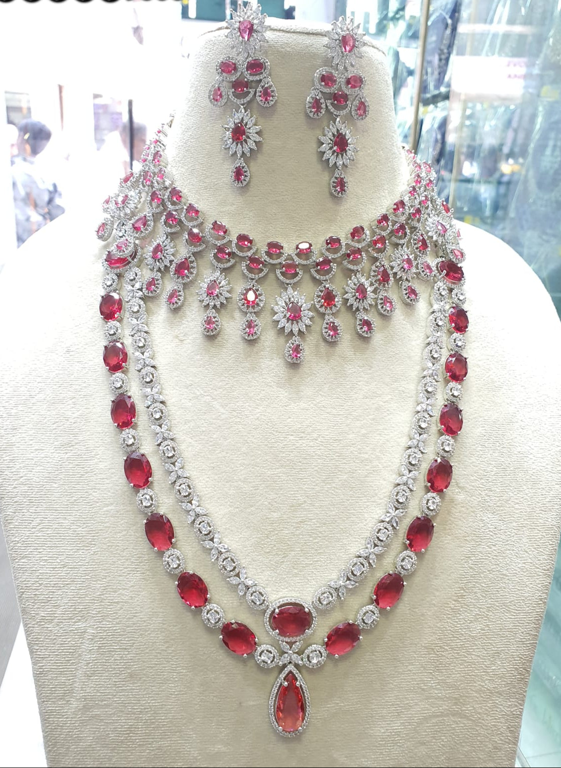 Sparkling Premium Bridal Layered Long & Short Necklace Set With Earrings - Silver Finish