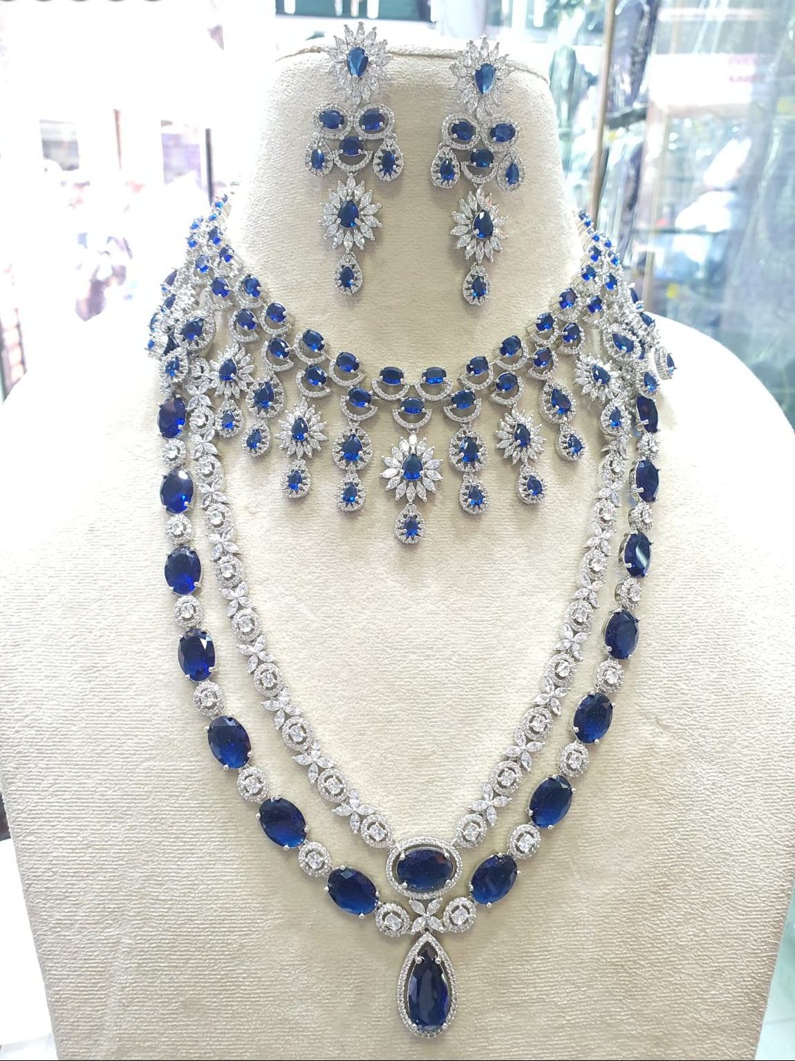 Sparkling Premium Bridal Layered Long & Short Necklace Set With Earrings - Silver Finish