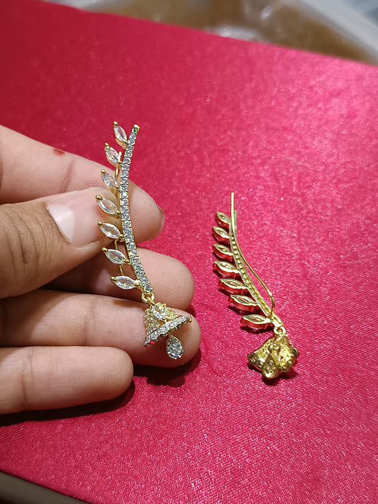 Sparkling Premium CZ Leaf Ear Climber Earrings With Drops - 1 Pair