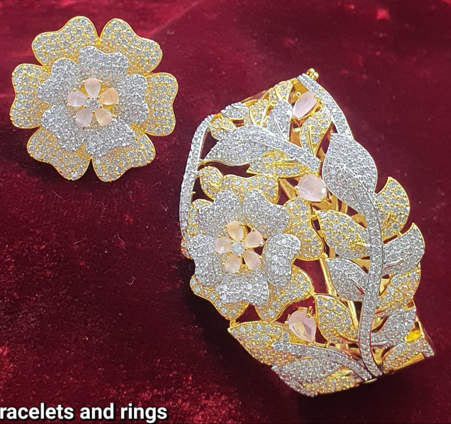 Sparkling Premium Gold Floral Bracelet & Ring Set - 1 Piece