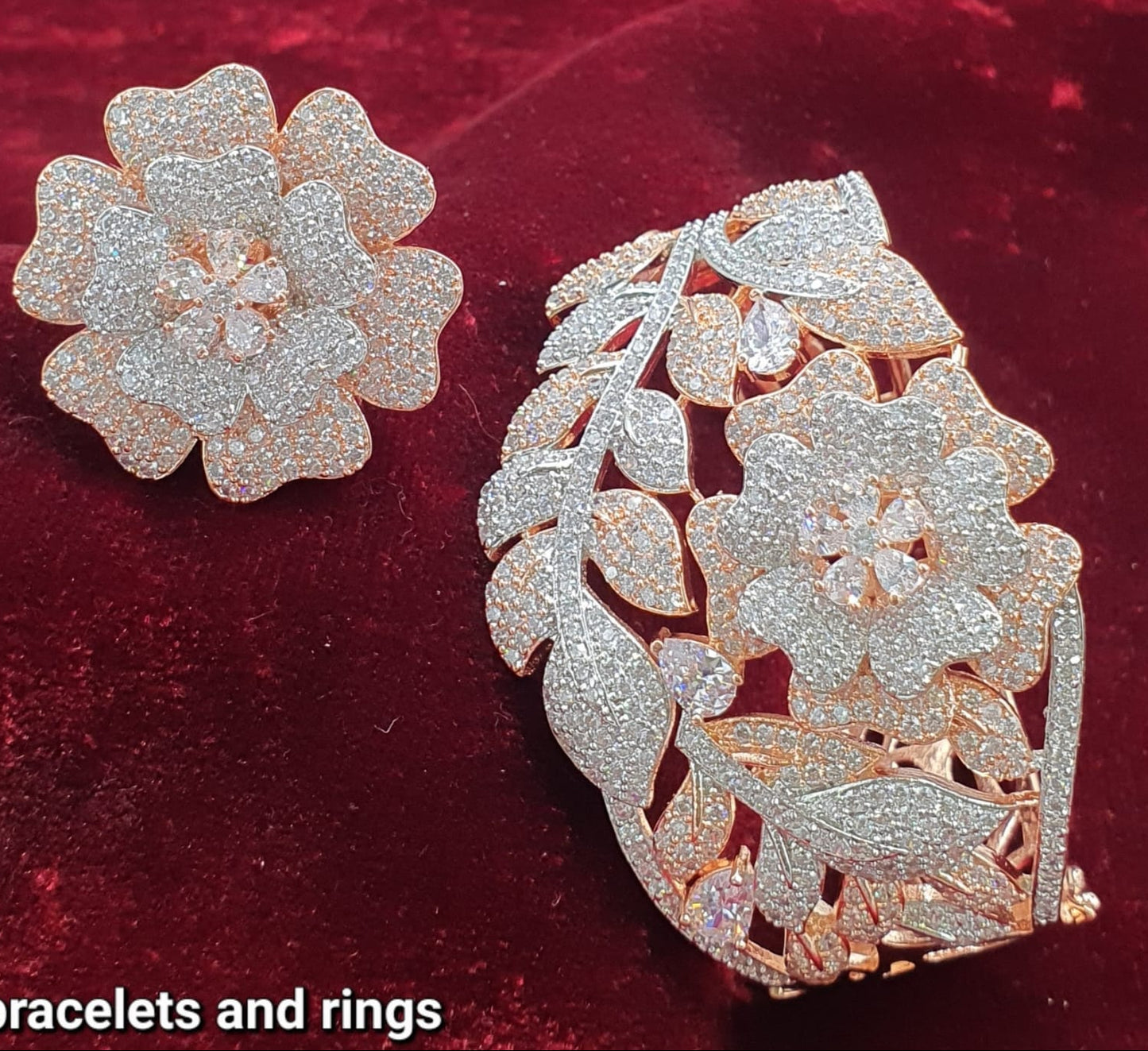 Sparkling Premium RoseGold Floral Bracelet & Ring Set - 1 Piece