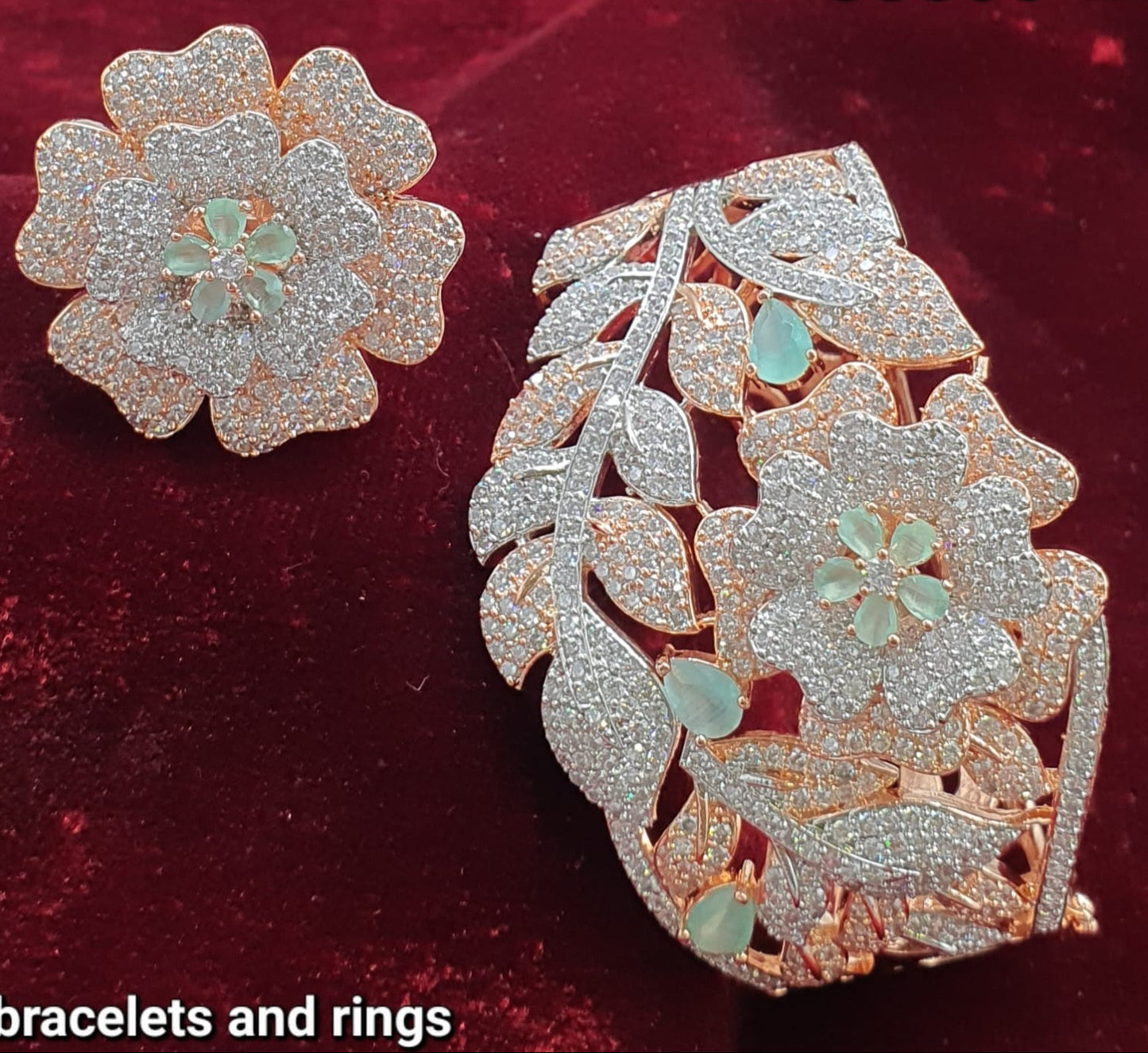 Sparkling Premium RoseGold Floral Bracelet & Ring Set - 1 Piece