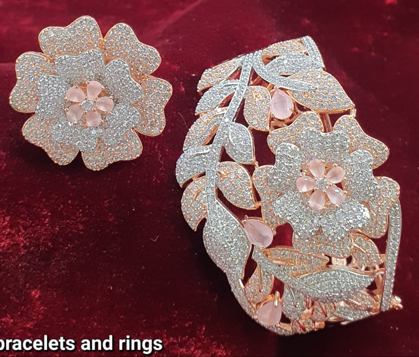 Sparkling Premium RoseGold Floral Bracelet & Ring Set - 1 Piece