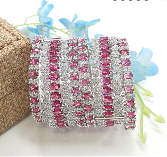 Sparkling Premium Silver Finish CZ Stone Openable Kada Bangles - 6 Pieces - Red, Pink