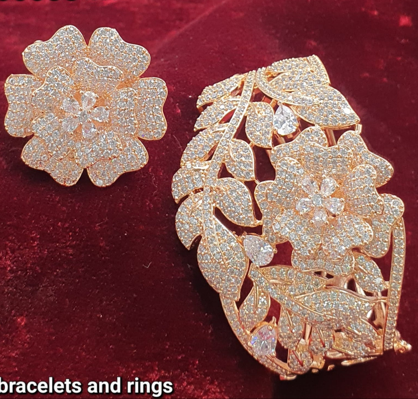 Sparkling Premium RoseGold Floral Bracelet & Ring Set - 1 Piece