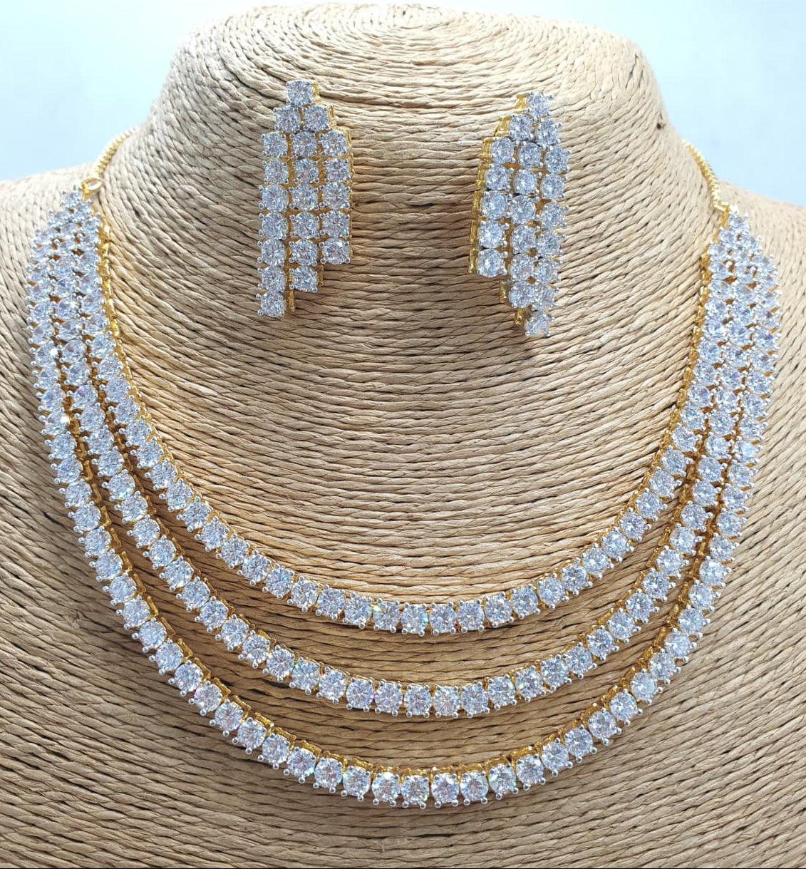 Sparkling Triple-Layer CZ Stone Necklace Set With Earrings