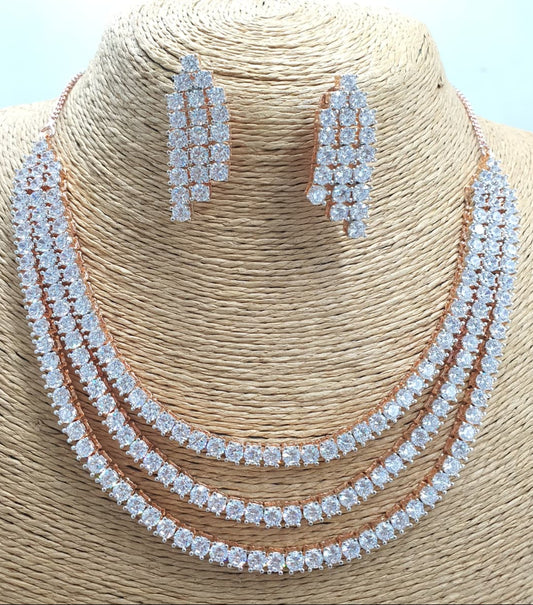 Sparkling Triple-Layer CZ Stone Necklace Set With Earrings