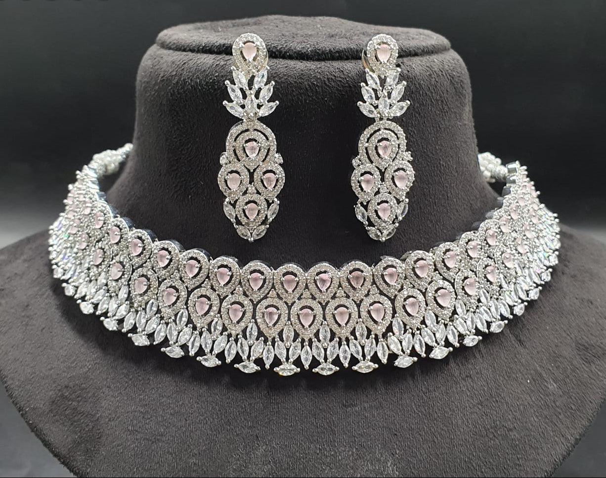 Sprkling Premium Silver Finish Choker Necklace Set With Earrings