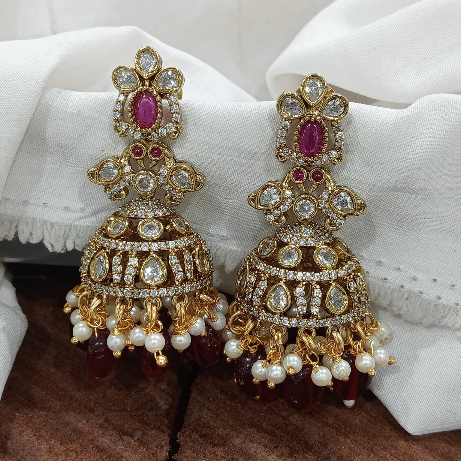 Stunning Premium Victorian AD Stone Jhumkas - Earrings- Green, Pink, Red, Mint or Red